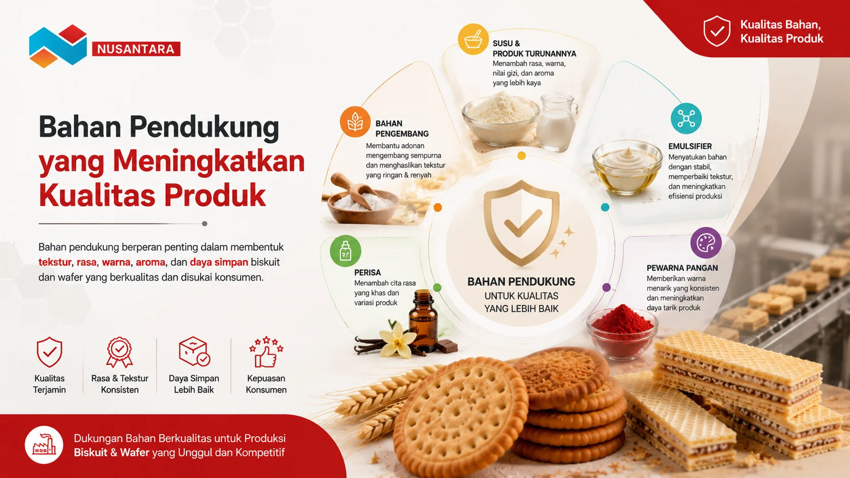Gambar bahan pendukung seperti susu, emulsifier, bahan pengembang, dan perisa membantu meningkatkan kualitas biskuit dan wafer.