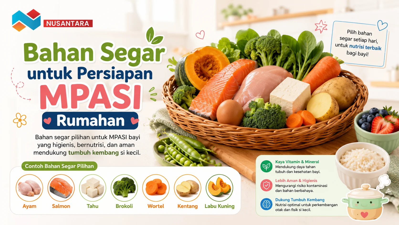Keranjang berisi bahan segar MPASI seperti ayam, salmon, tahu, brokoli, wortel, kentang, dan labu kuning yang disiapkan untuk mendukung makanan bayi yang higienis dan bernutrisi.