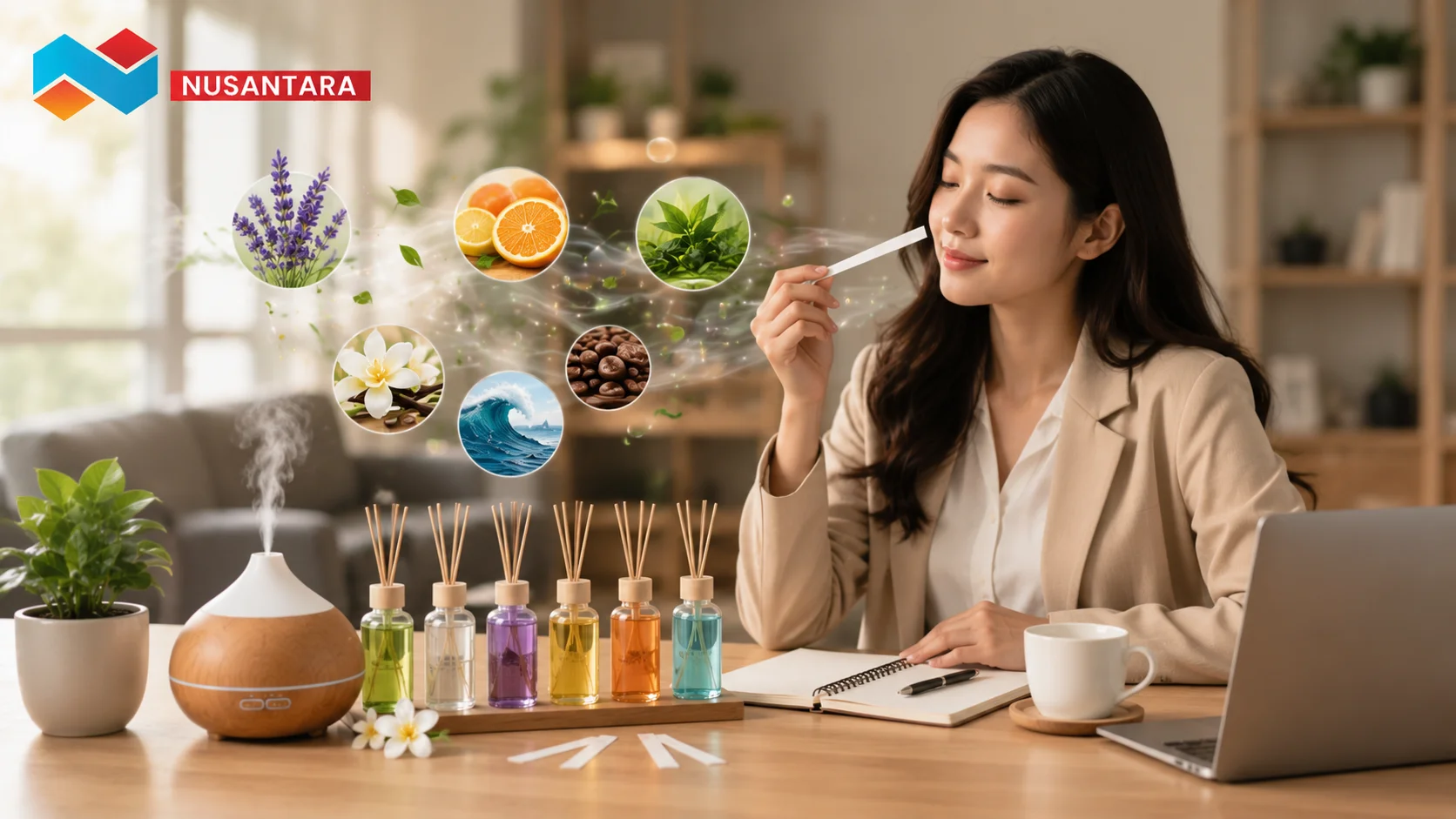 Ilustrasi proses memilih aroma pengharum ruangan yang sesuai dengan kebutuhan dan fungsi berbagai jenis ruangan.