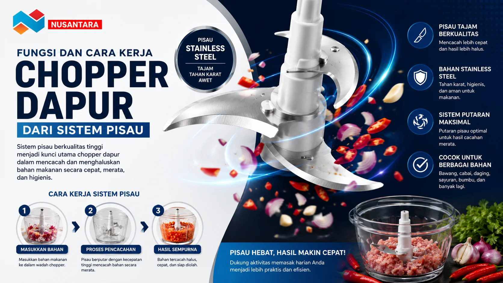 Ilustrasi sistem pisau stainless steel pada chopper dapur yang bekerja mencacah bahan makanan dengan cepat, merata, dan higienis.