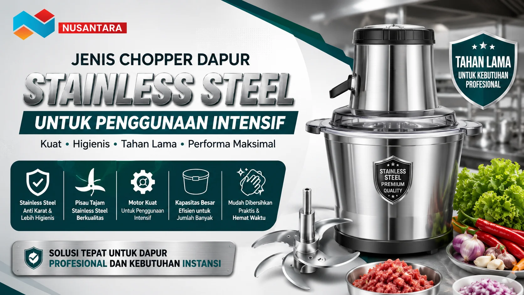 Chopper dapur stainless steel dengan material anti karat yang kuat dan higienis untuk penggunaan intensif di dapur profesional.