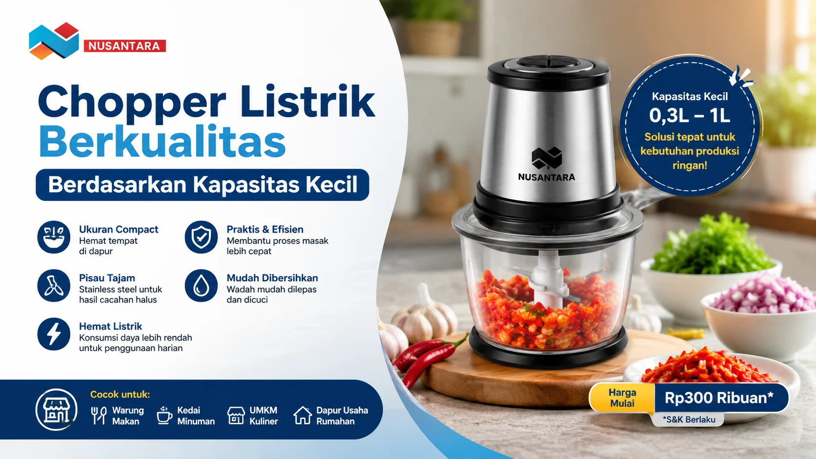 Chopper listrik kapasitas kecil berbahan stainless steel di atas meja dapur modern, menampilkan desain compact yang cocok untuk usaha kuliner rumahan dan penggunaan harian.
