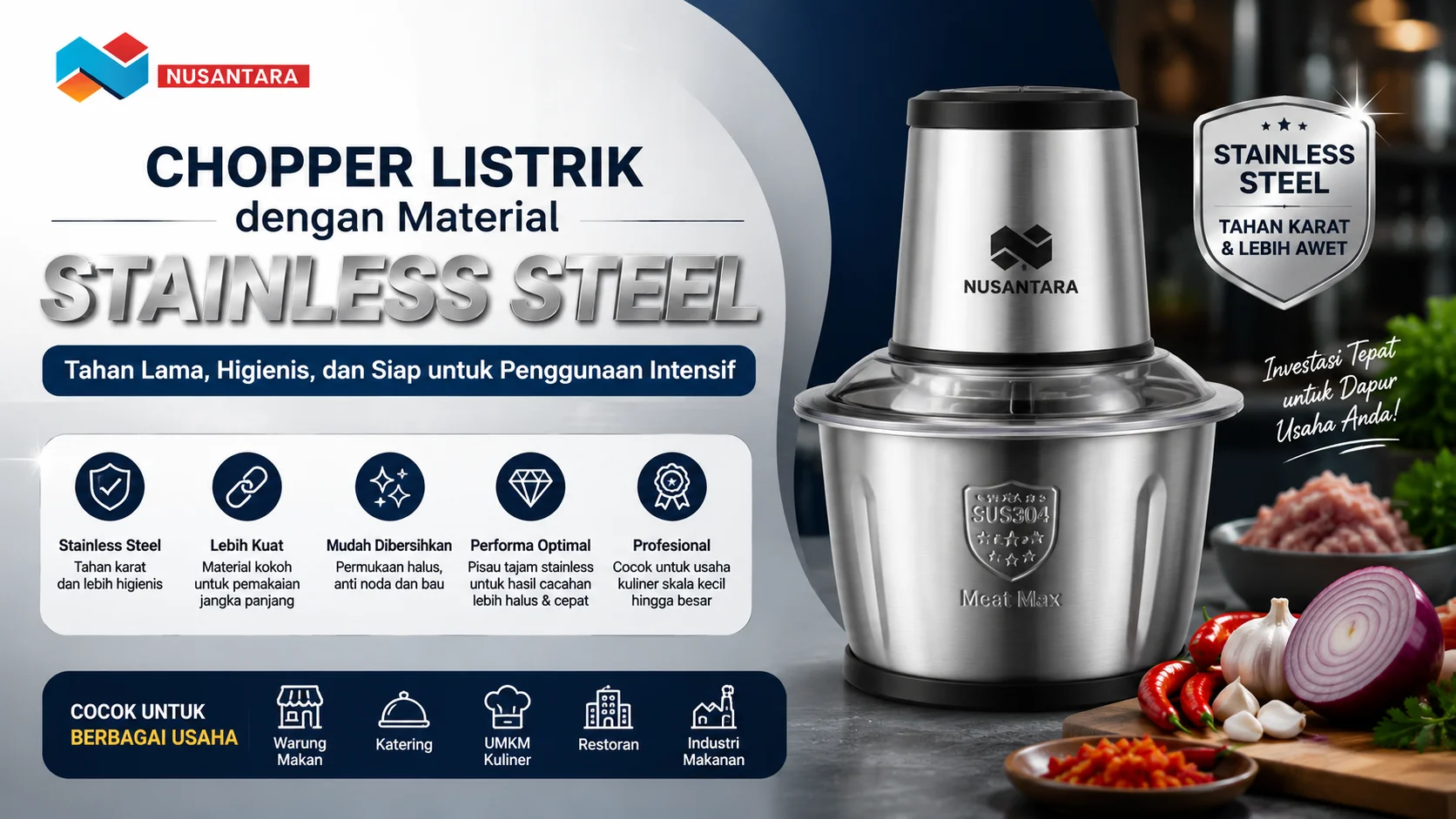 Chopper listrik berbahan stainless steel dengan desain modern di dapur profesional, menonjolkan material tahan karat, higienis, dan cocok untuk penggunaan usaha kuliner harian.