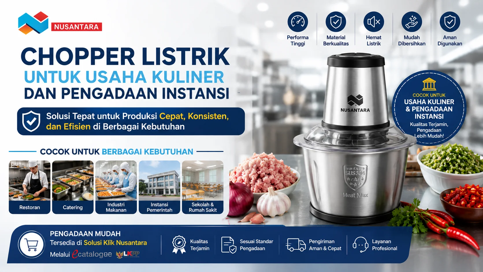 Banner chopper listrik untuk usaha kuliner dan pengadaan instansi dengan desain modern, menampilkan mesin chopper berkualitas yang cocok digunakan di restoran, katering, industri makanan, sekolah, rumah sakit, dan instansi pemerintah.