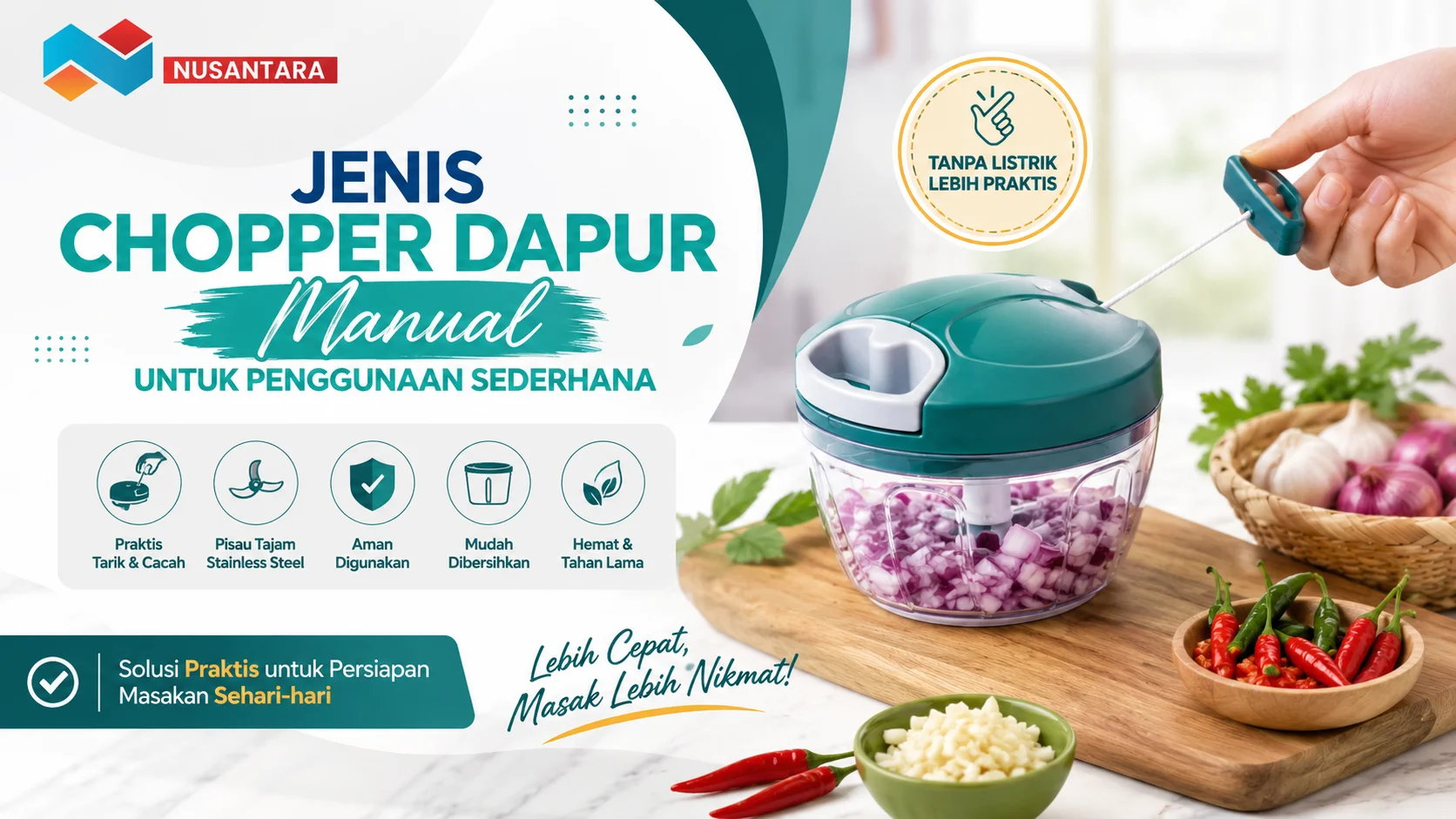Jenis chopper dapur manual dengan sistem tarik untuk mencacah bawang dan bahan makanan secara praktis tanpa listrik.