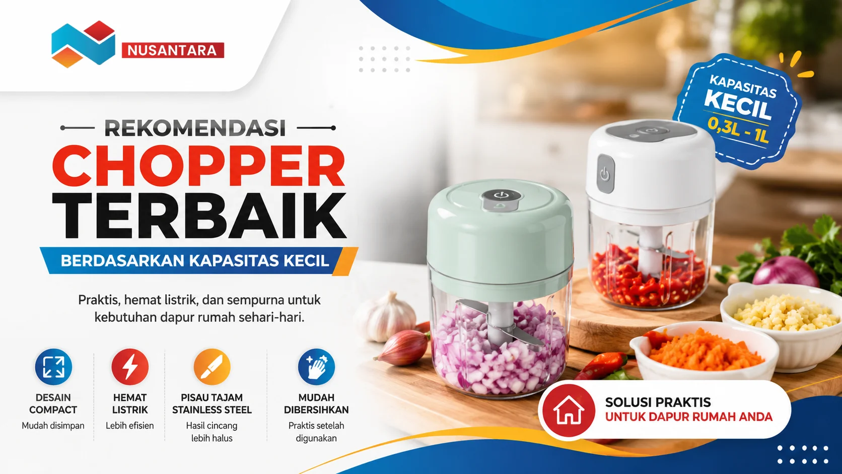 Banner rekomendasi chopper dapur kapasitas kecil dengan desain modern, menampilkan dua chopper elektrik compact, serta ilustrasi bahan masakan seperti bawang, cabai, dan sayuran untuk kebutuhan dapur rumah.