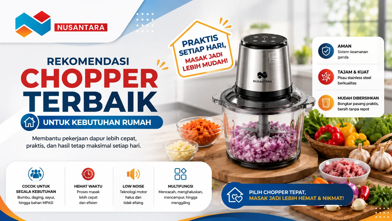 Banner rekomendasi chopper terbaik untuk kebutuhan rumah yang menampilkan chopper multifungsi dengan bahan masakan segar, menonjolkan kepraktisan, efisiensi, dan kemudahan penggunaan untuk aktivitas memasak sehari-hari.