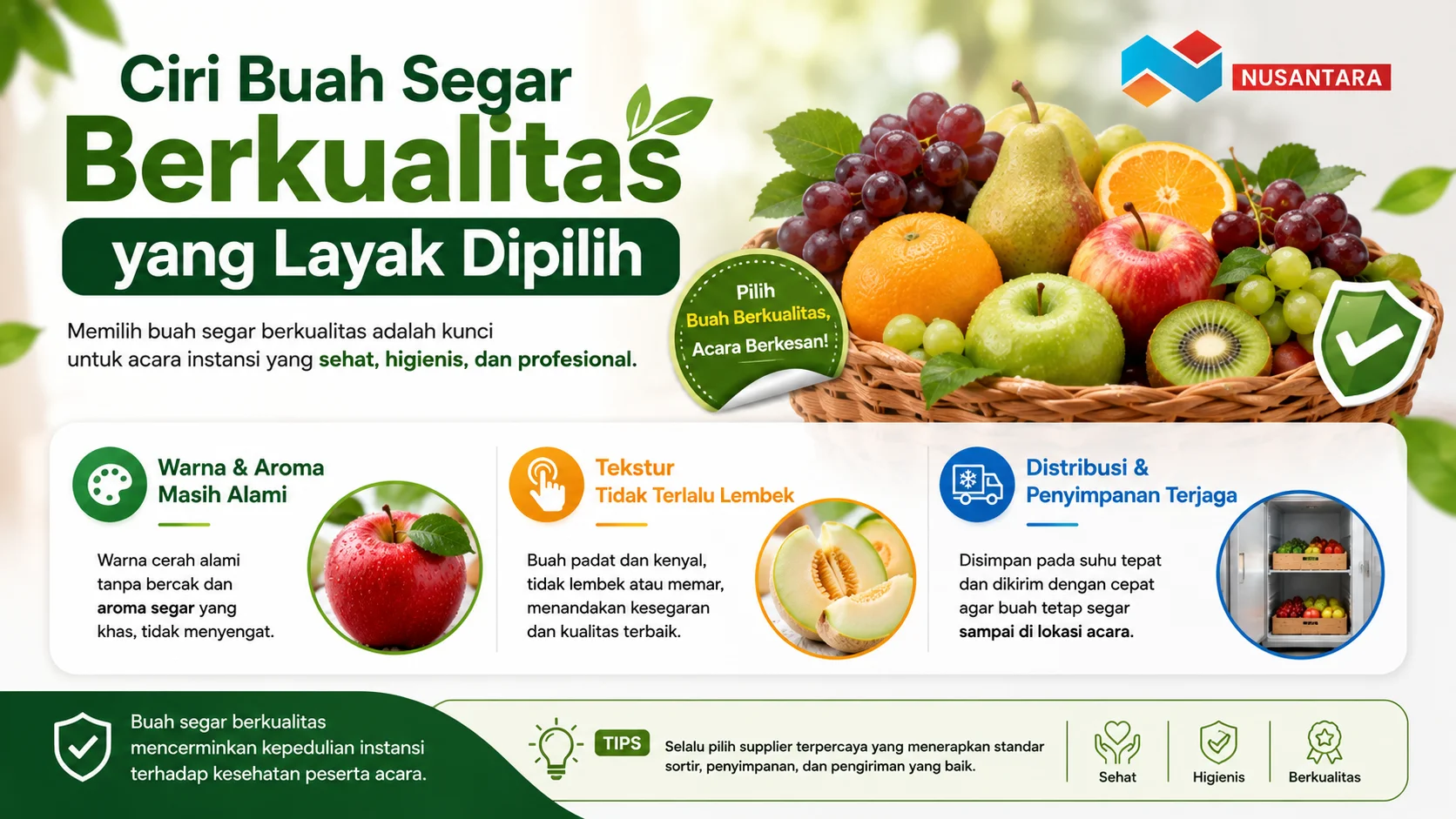Banner edukatif tentang ciri buah segar berkualitas, menampilkan aneka buah segar dengan indikator warna alami, tekstur baik, serta penyimpanan dan distribusi yang terjaga.