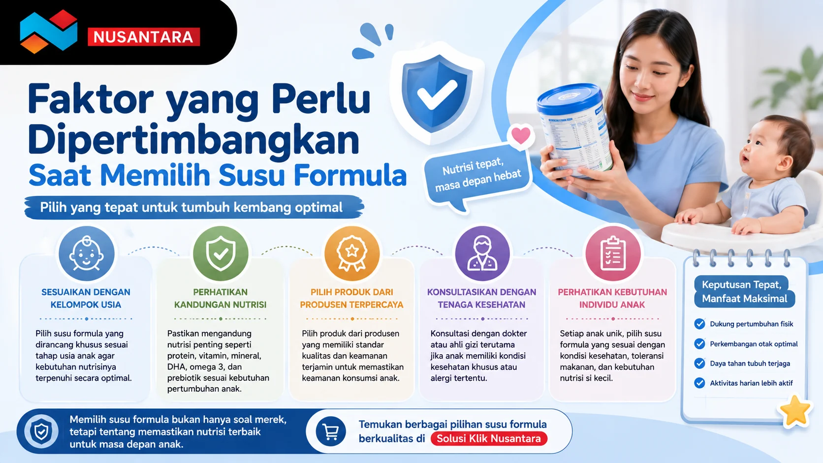 Ilustrasi orang tua memilih susu formula dengan memperhatikan usia anak, kandungan nutrisi, kualitas produk, dan konsultasi tenaga kesehatan sebagai panduan memilih susu formula yang tepat.