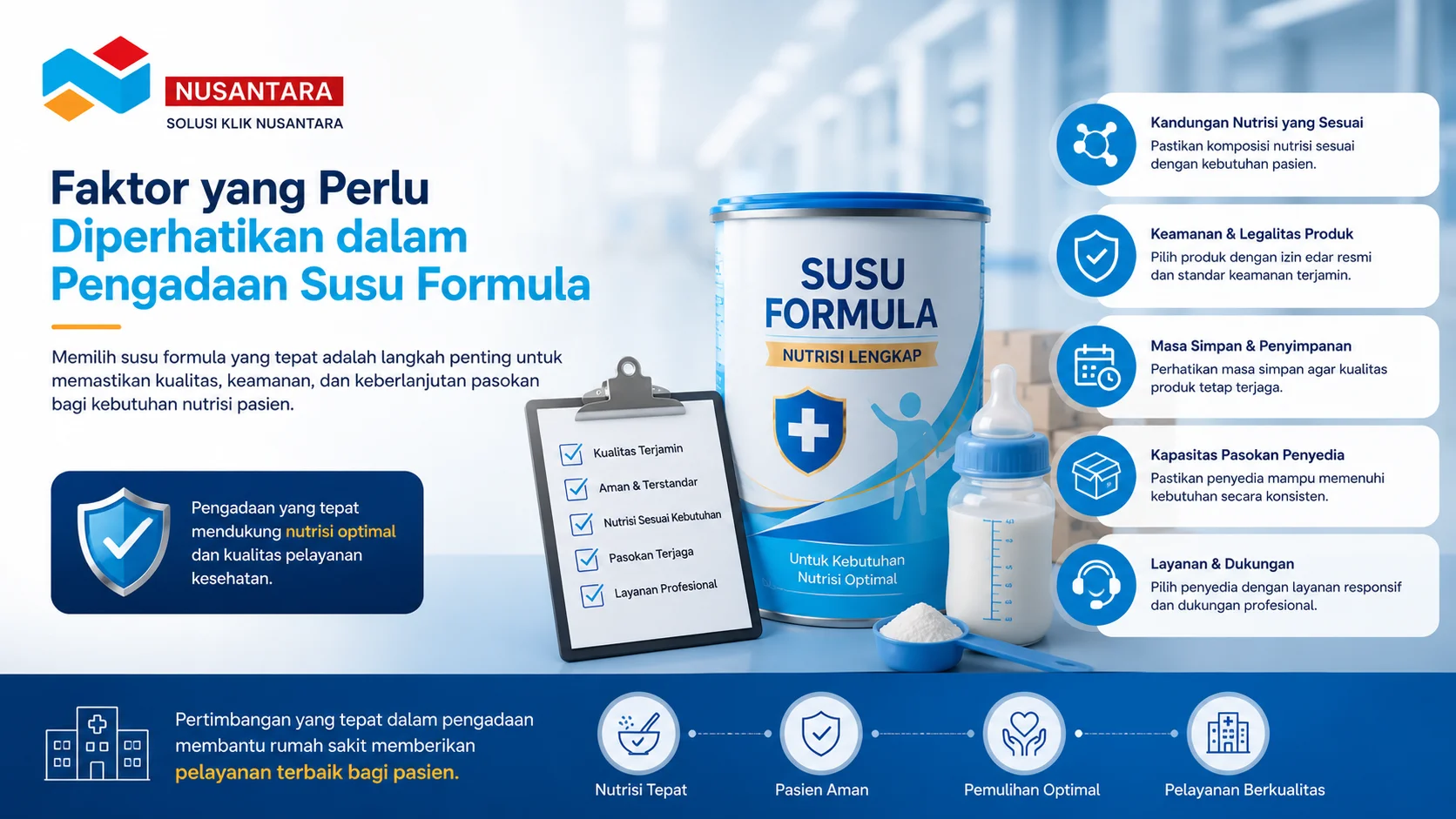 Banner ilustrasi faktor penting dalam pengadaan susu formula rumah sakit, meliputi kualitas nutrisi, keamanan produk, masa simpan, dan kapasitas pasokan penyedia.