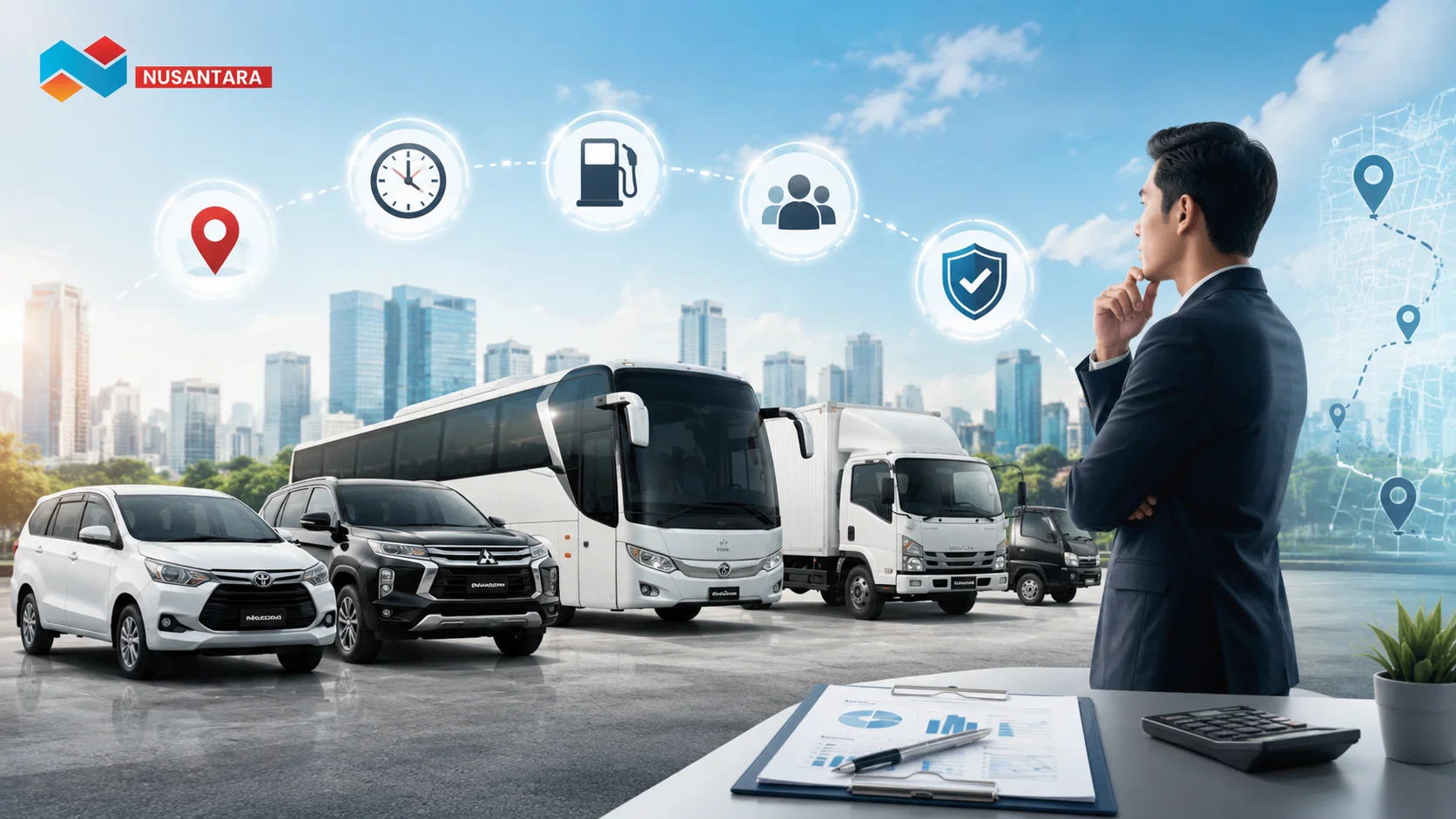 Ilustrasi armada transportasi yang terdiri dari mobil, bus, dan truk dengan elemen perencanaan perjalanan, menunjukkan berbagai faktor yang memengaruhi biaya sewa transportasi.