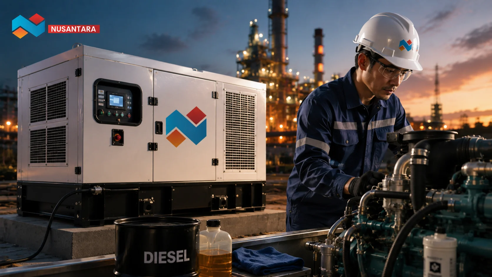 Teknisi melakukan pemeriksaan dan perawatan generator set diesel untuk menjaga efisiensi konsumsi BBM serta memastikan performa mesin tetap optimal.