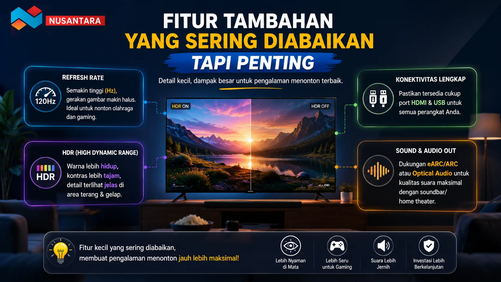 Banner fitur tambahan televisi yang menampilkan HDR, refresh rate, konektivitas HDMI dan USB, serta dukungan audio untuk meningkatkan pengalaman menonton.