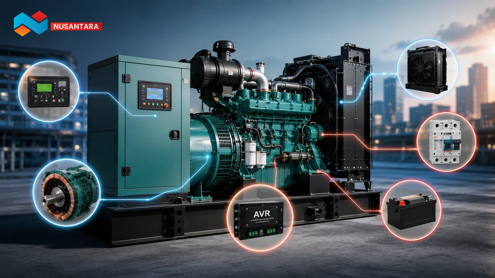 Ilustrasi generator set beserta komponen pendukung seperti AVR, alternator, panel kontrol, dan radiator yang bekerja bersama menjaga kestabilan sistem kelistrikan.