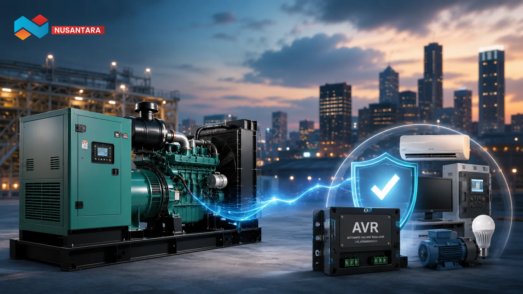 Ilustrasi genset dengan sistem AVR yang menjaga kestabilan tegangan listrik untuk melindungi berbagai peralatan elektronik dan industri.
