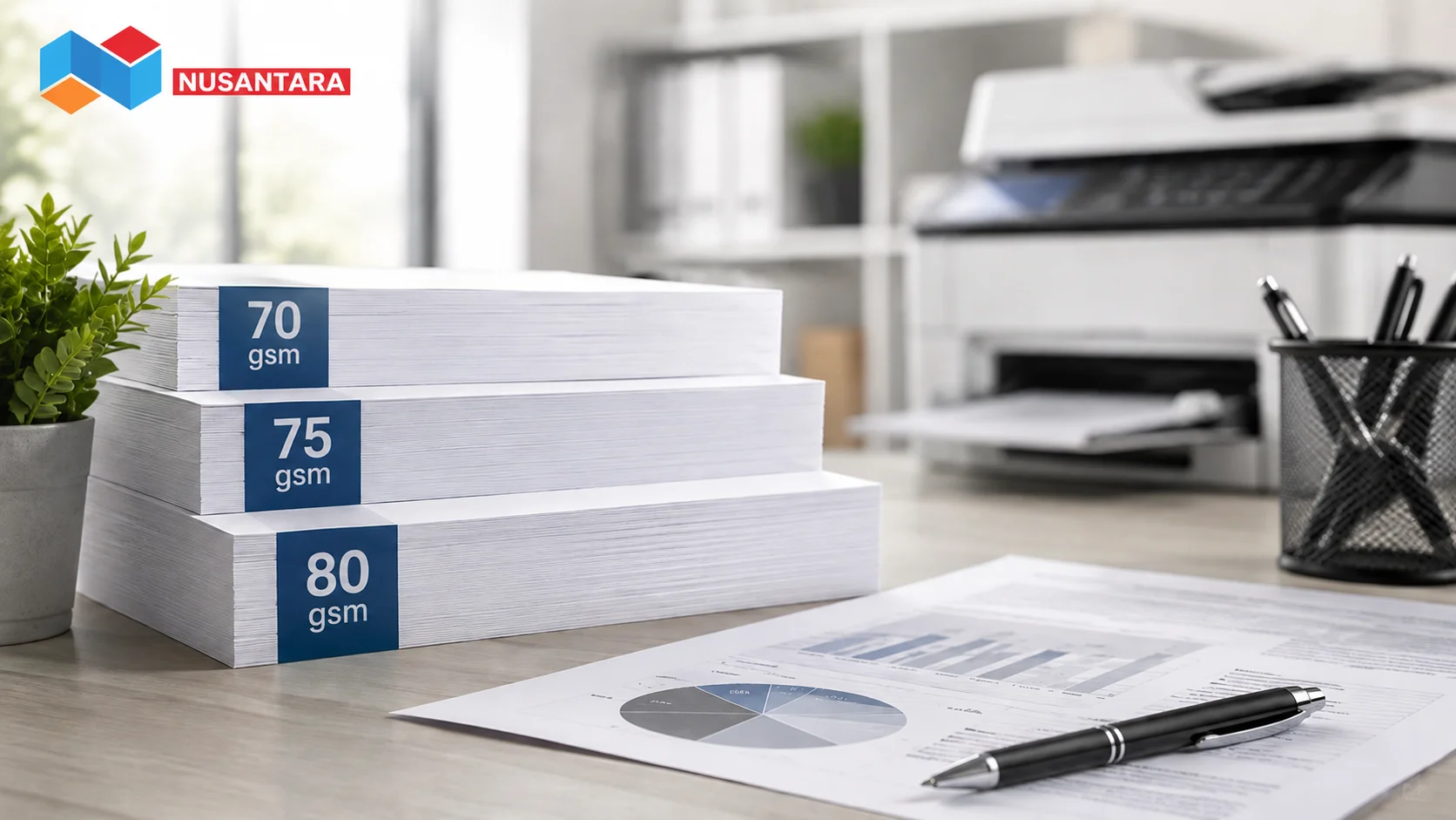 Ilustrasi tumpukan kertas A4 dengan gramasi 70, 75, dan 80 gsm di atas meja kerja modern sebagai gambaran perbedaan ketebalan kertas untuk kebutuhan cetak dokumen.