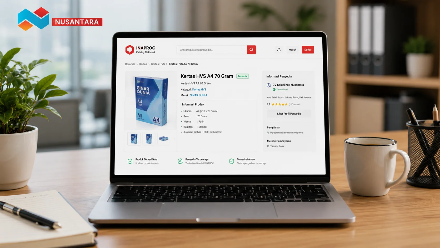 Halaman detail produk pada platform INAPROC menampilkan informasi kertas A4, spesifikasi produk, serta data penyedia untuk mendukung Pengadaan Pemprov Maluku.