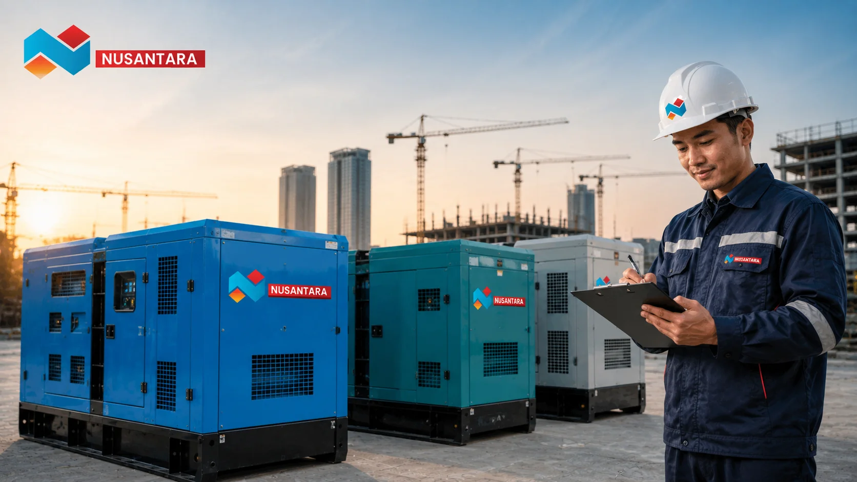 Beragam generator set dengan kapasitas berbeda diperiksa oleh teknisi profesional untuk memastikan spesifikasi dan performa sesuai kebutuhan proyek.