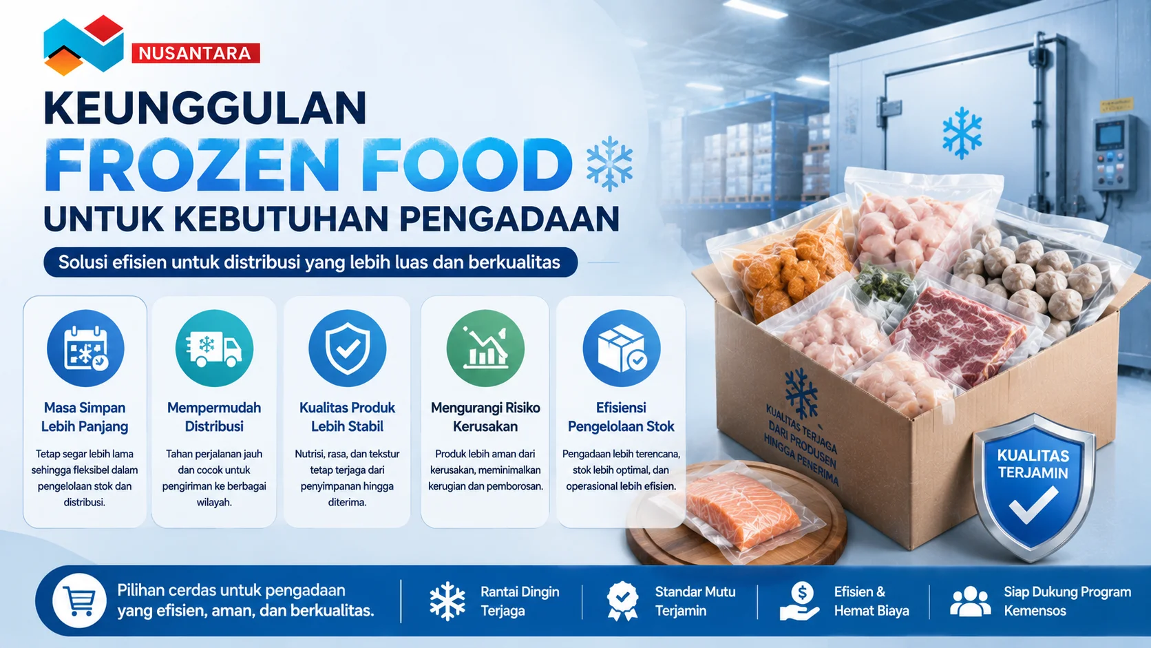 Banner frozen food untuk kebutuhan pengadaan menampilkan produk beku dalam kemasan, fasilitas penyimpanan dingin, dan elemen distribusi yang menonjolkan efisiensi, kualitas, serta ketahanan produk.