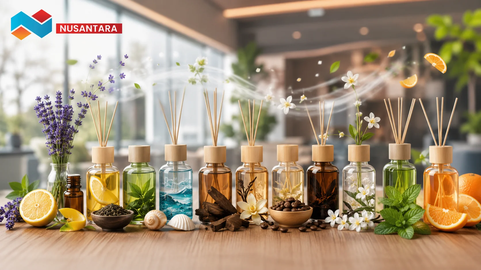 Ilustrasi berbagai aroma pengharum ruangan populer seperti lavender, lemon, green tea, coffee, peppermint, dan vanilla dalam diffuser untuk menciptakan suasana nyaman.