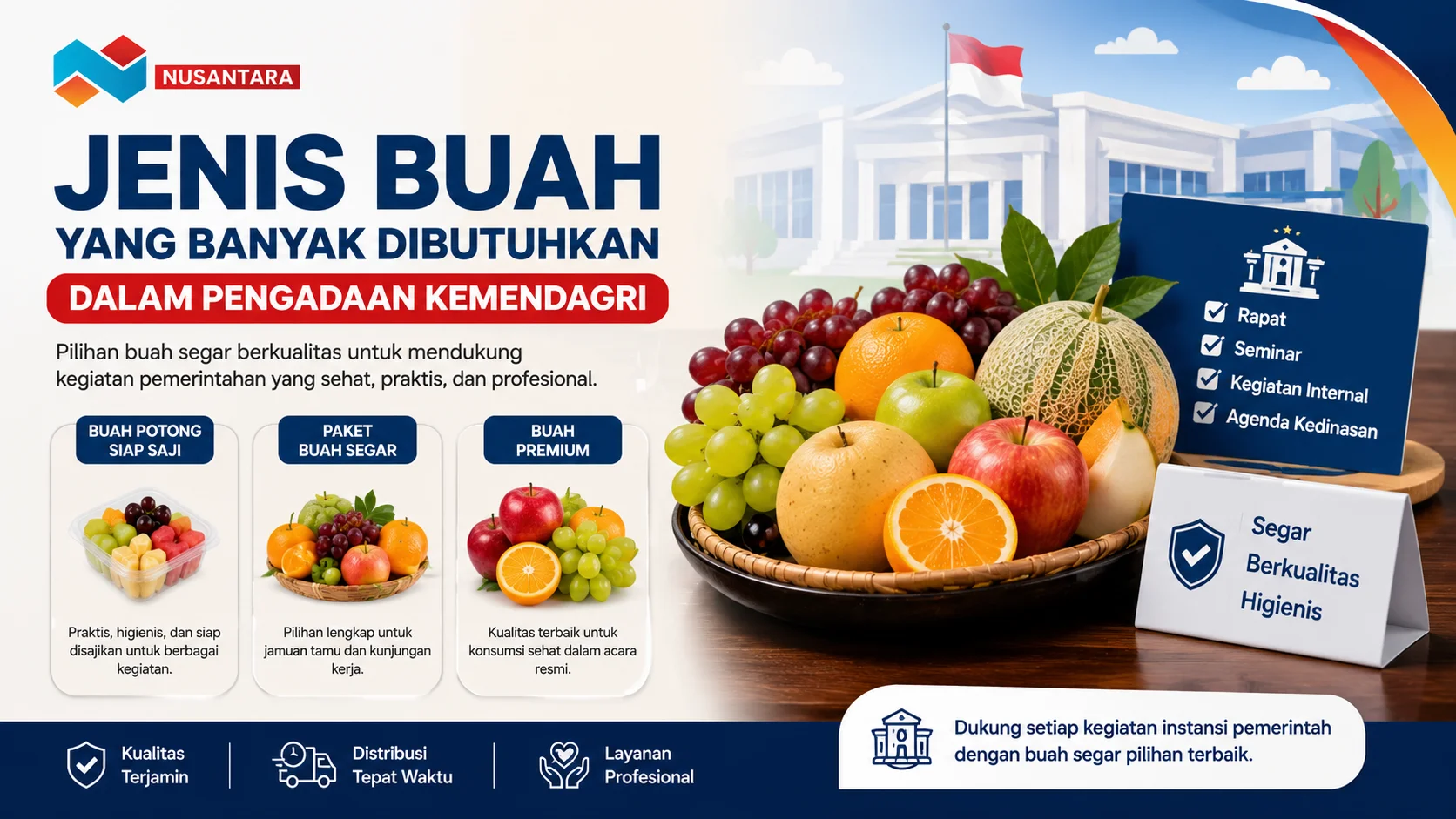 Banner menampilkan berbagai jenis buah segar seperti apel, anggur, jeruk, dan melon yang sering digunakan dalam pengadaan instansi pemerintah untuk rapat, seminar, dan kegiatan kedinasan.