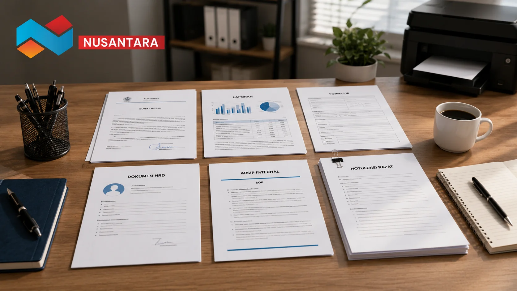 Ilustrasi berbagai jenis dokumen kertas A4 di atas meja kerja kantor, meliputi surat resmi, laporan, formulir, dokumen HR, dan arsip internal.