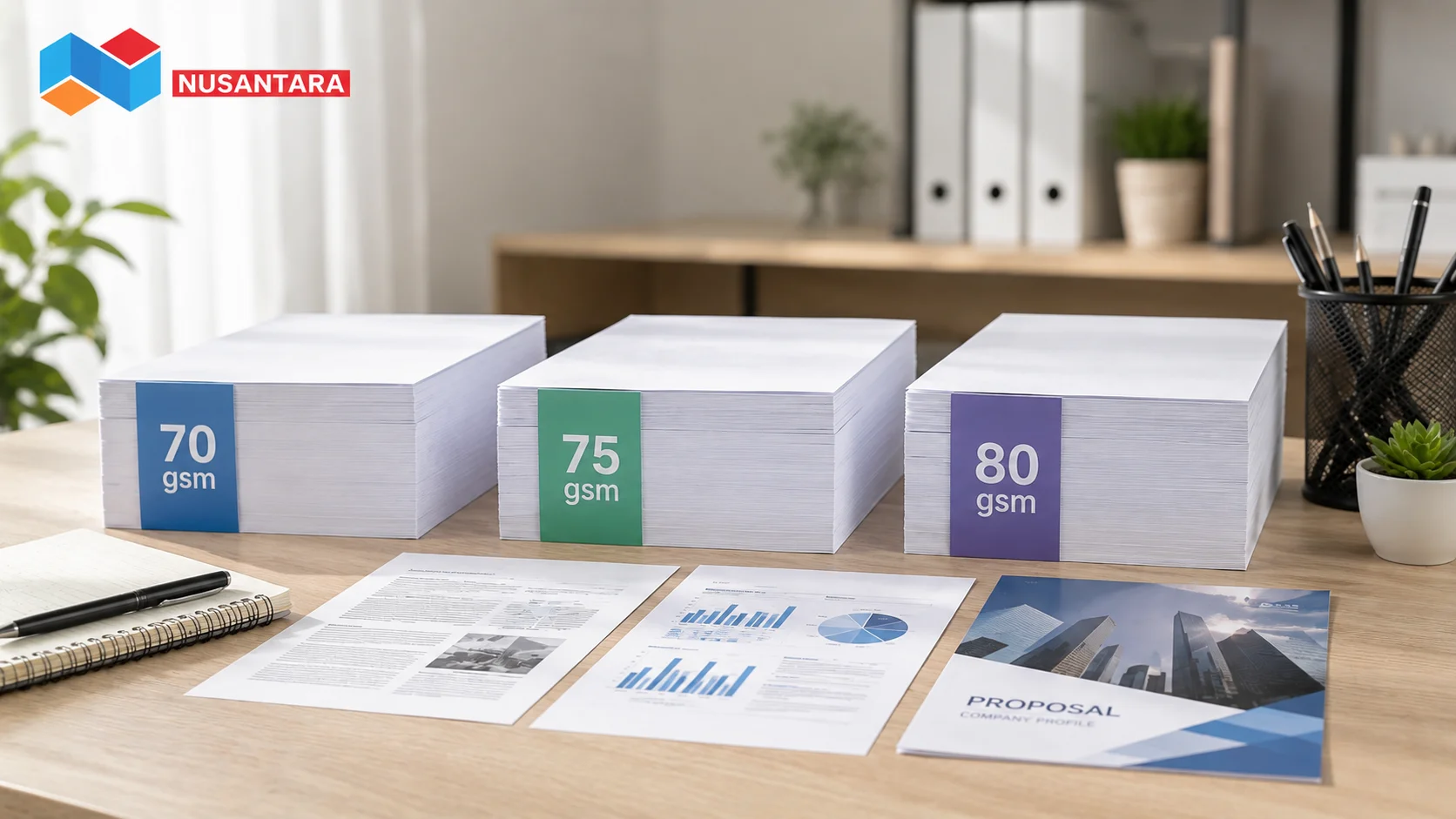 Ilustrasi tiga jenis gramasi kertas A4 (70 gsm, 75 gsm, dan 80 gsm) di atas meja kerja modern yang menggambarkan pilihan kertas untuk berbagai kebutuhan cetak dokumen.