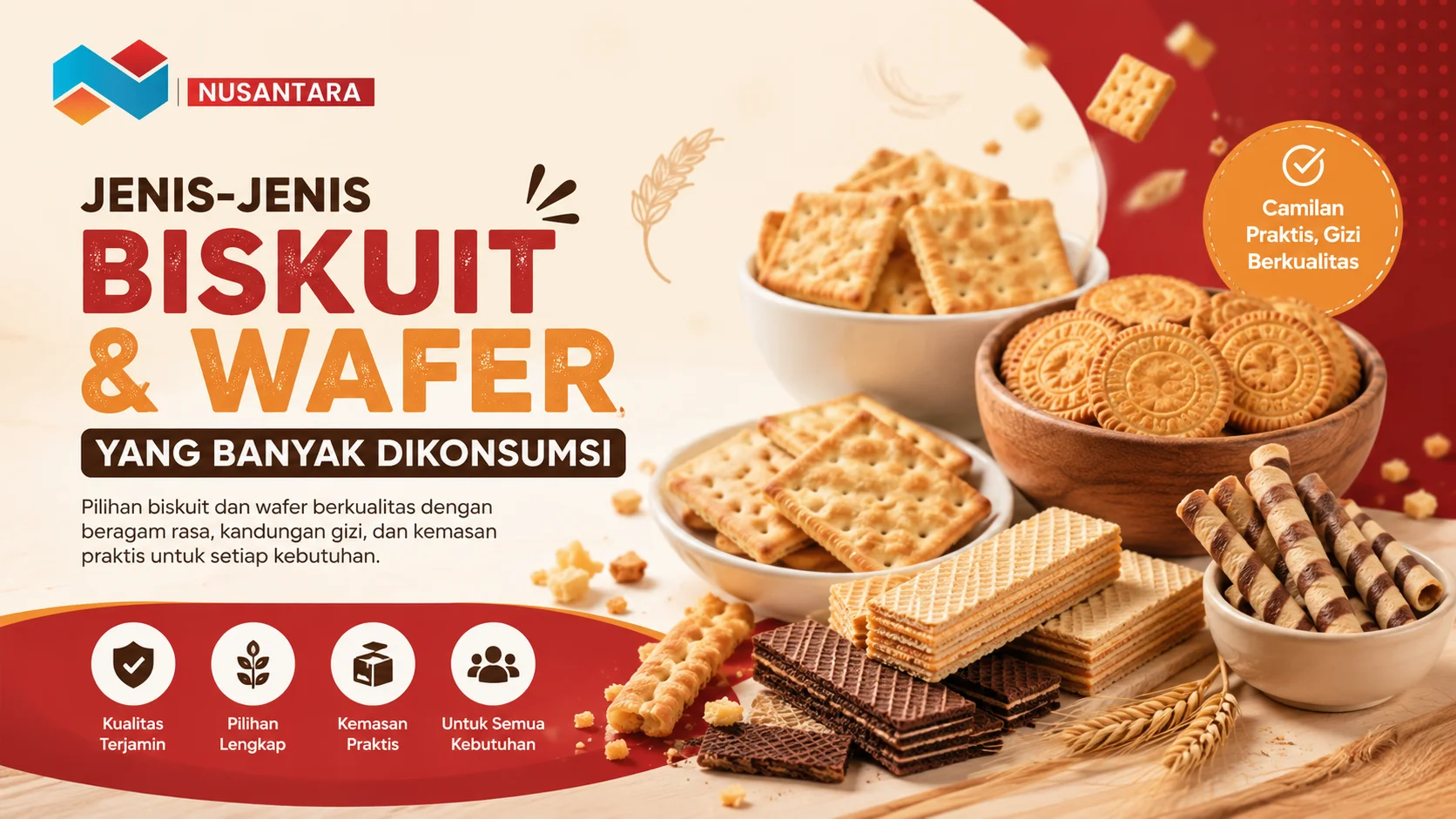 Gambar jenis-jenis biskuit dan wafer yang banyak dikonsumsi untuk kebutuhan konsumsi dan pengadaan pangan.