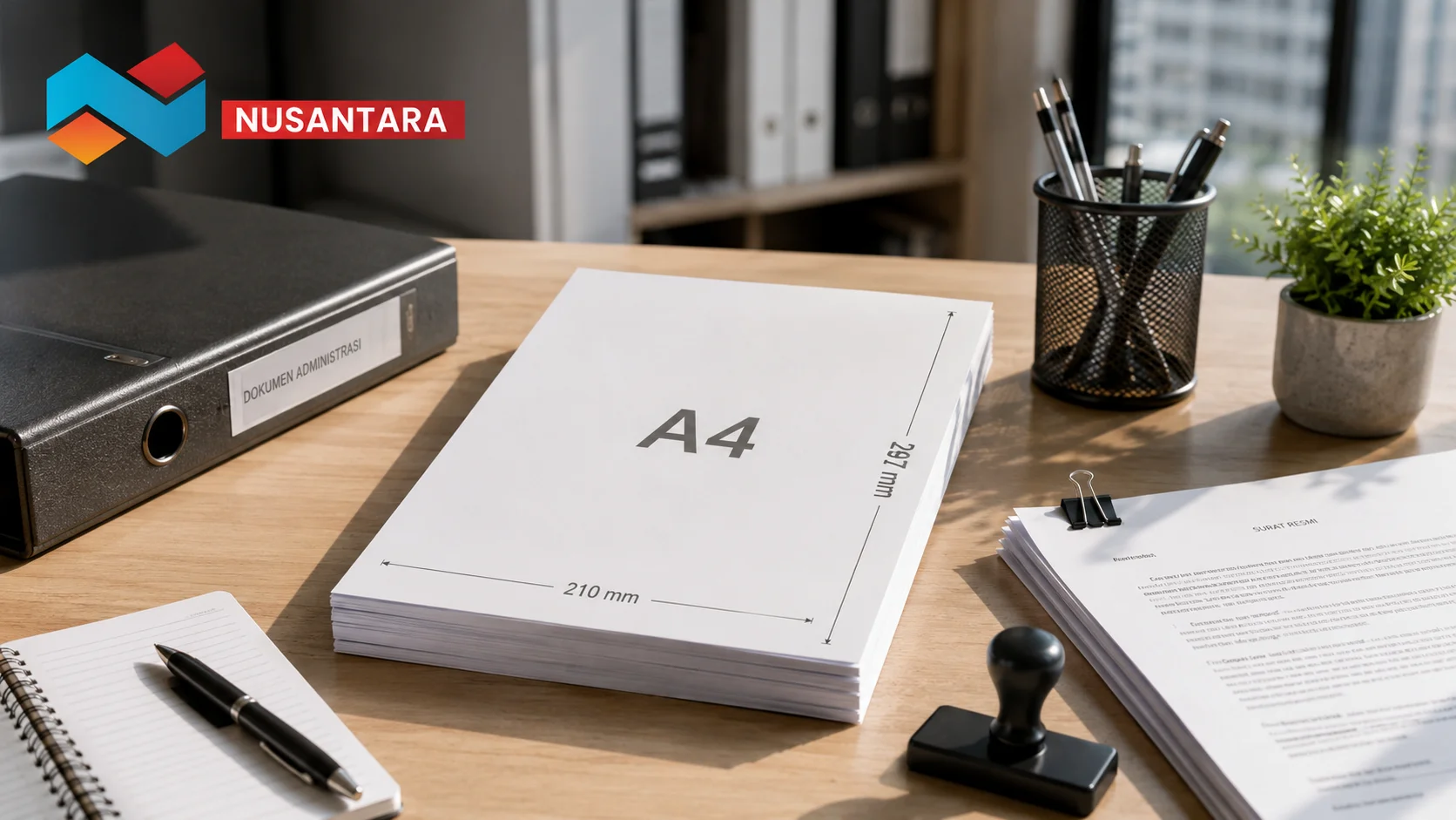 Ilustrasi standar dokumen kertas A4 di atas meja kerja modern dengan perlengkapan administrasi kantor yang tertata rapi.