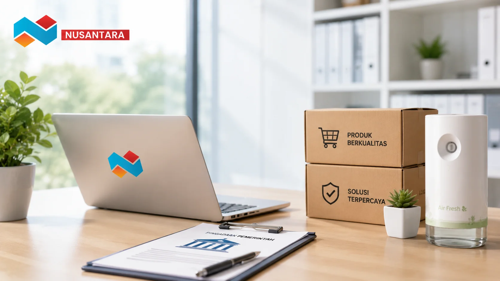 Tampilan produk pengharum ruangan dan dokumen pengadaan pemerintah di meja kerja modern yang menggambarkan solusi pengadaan profesional melalui Solusi Klik Nusantara.