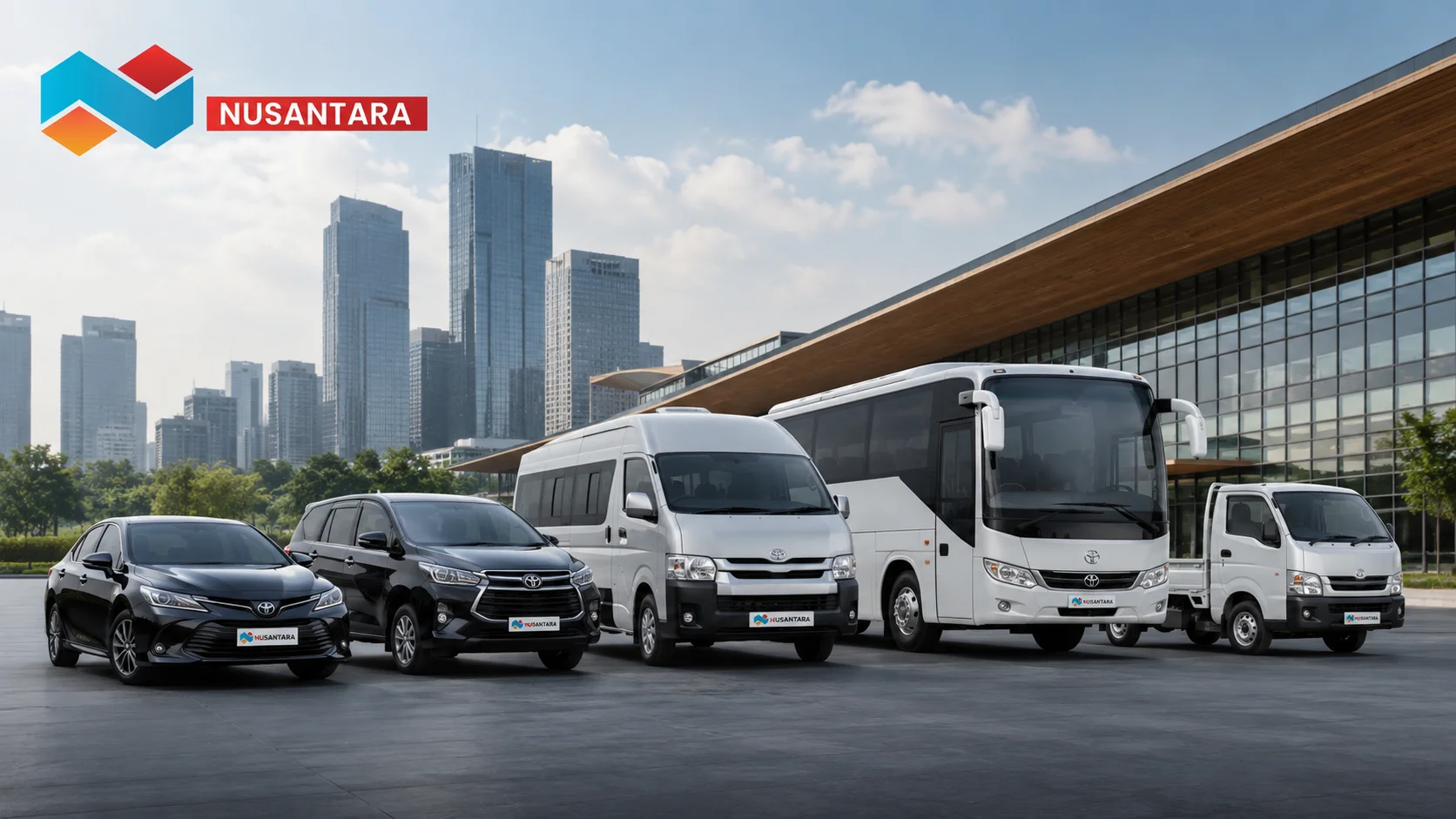 Ilustrasi armada jasa sewa transportasi yang terdiri dari mobil penumpang, minibus, bus, dan kendaraan logistik yang siap mendukung kebutuhan operasional berbagai kegiatan di Kabupaten Jepara.