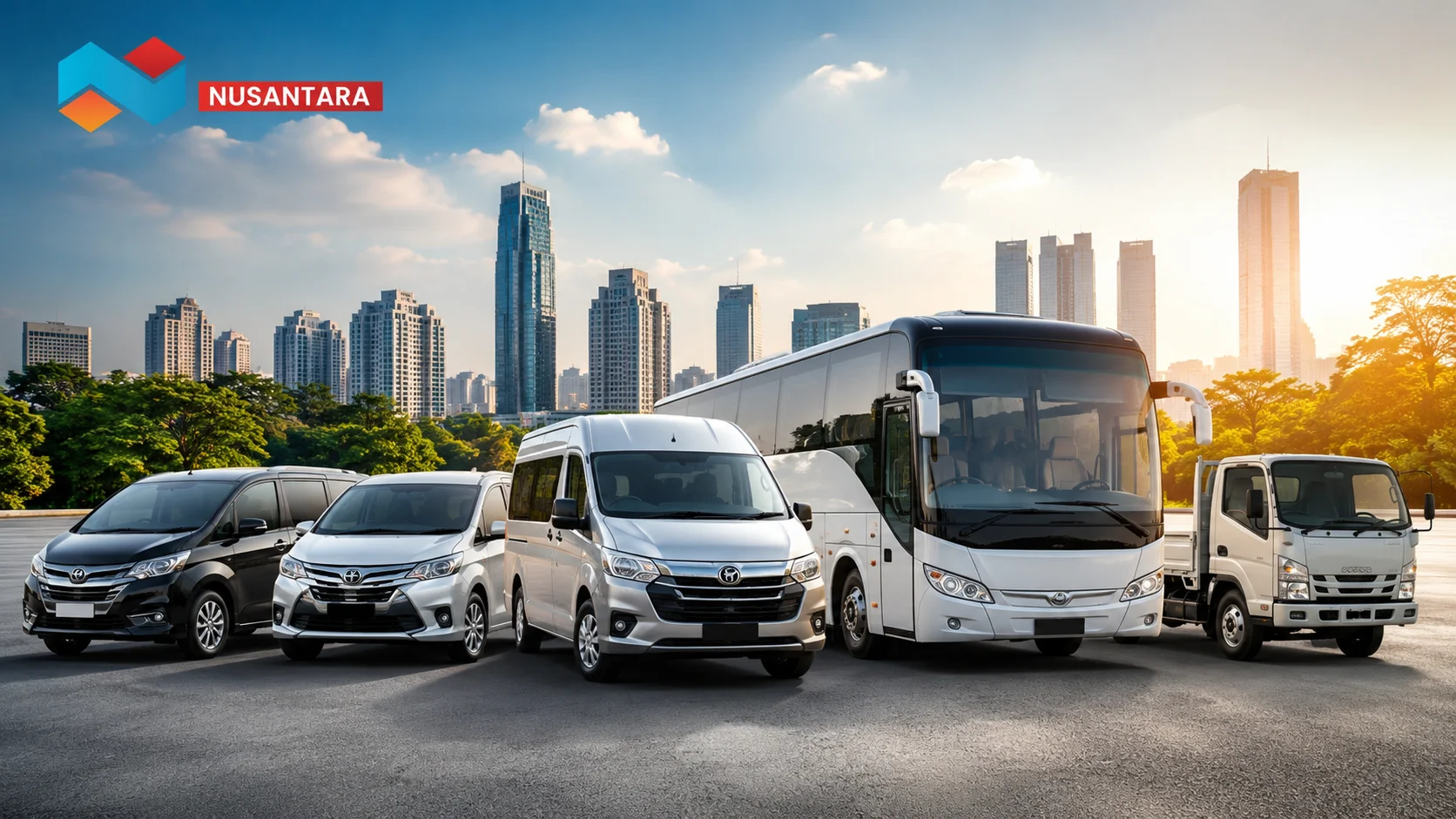 Ilustrasi berbagai armada transportasi sewa seperti mobil penumpang, minibus, bus, dan truk ringan yang siap mendukung kebutuhan mobilitas dan operasional kegiatan.