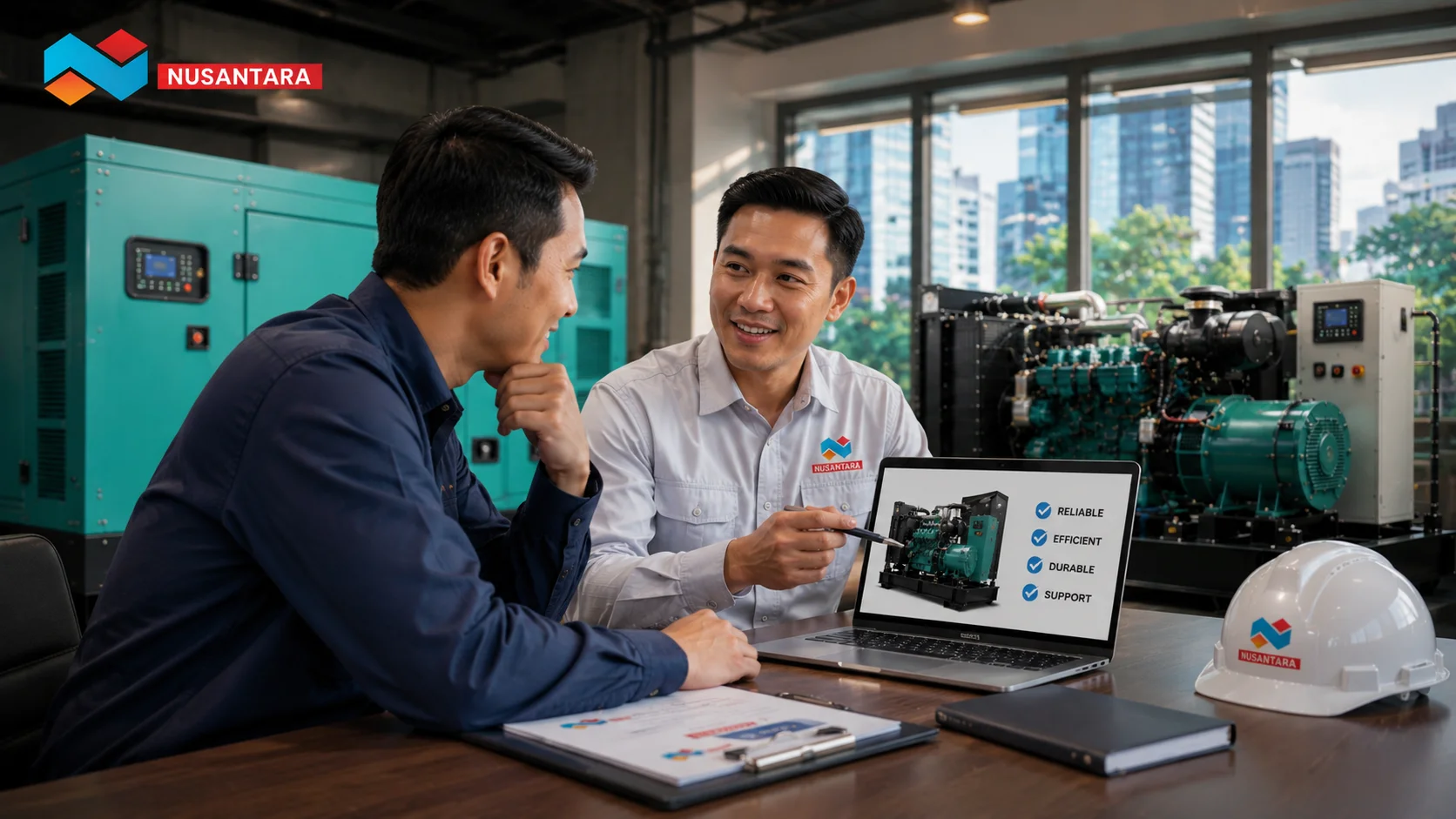 Ilustrasi konsultasi pemilihan generator set bersama tim profesional untuk menentukan solusi genset yang sesuai dengan kebutuhan operasional.