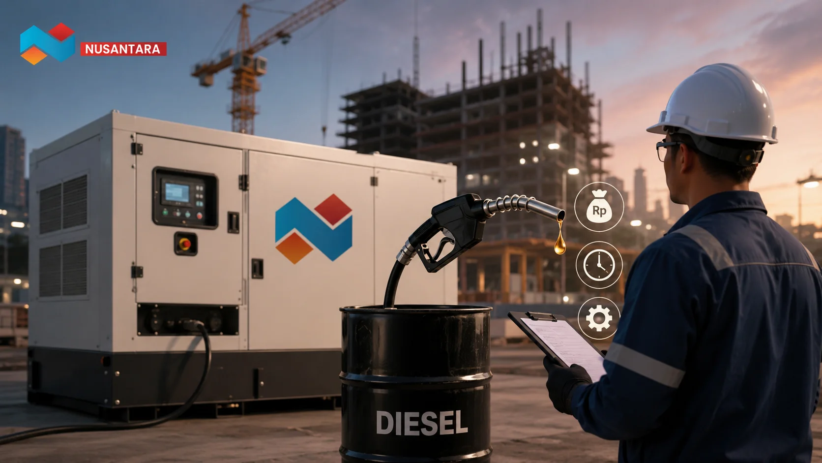 Teknisi memeriksa generator set diesel di area proyek konstruksi untuk memastikan konsumsi BBM tetap efisien dan biaya operasional lebih terkendali.