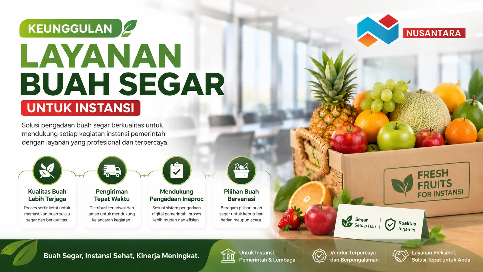 Banner layanan buah segar untuk instansi menampilkan berbagai buah berkualitas dalam kemasan distribusi, dengan ilustrasi manfaat seperti kualitas terjaga, pengiriman tepat waktu, dan dukungan pengadaan Inaproc.