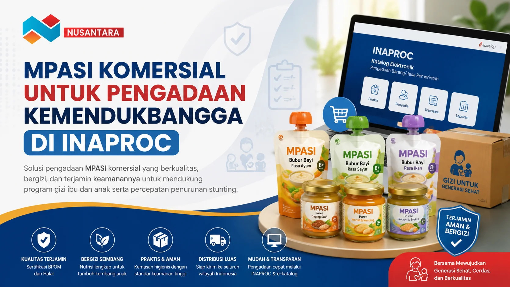 Banner pengadaan MPASI komersial untuk Kemendukbangga melalui INAPROC, menampilkan berbagai produk MPASI bergizi, platform e-katalog digital.