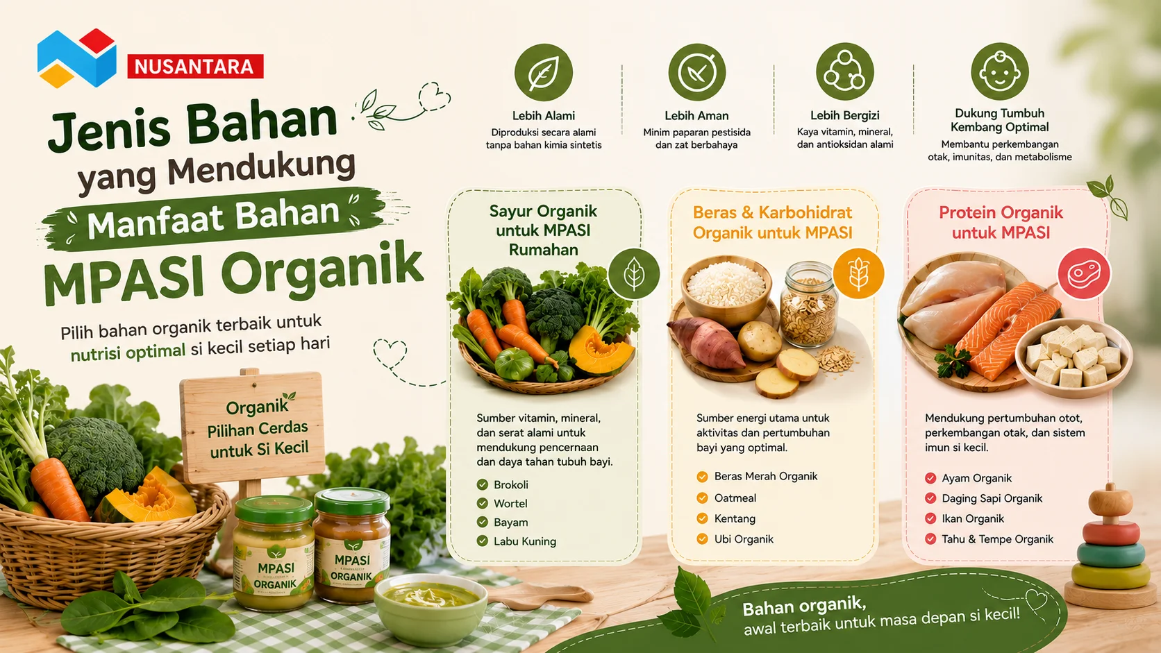 Infografis bahan MPASI organik yang menampilkan sayuran, sumber karbohidrat, dan protein organik sebagai pilihan nutrisi alami untuk mendukung tumbuh kembang bayi.