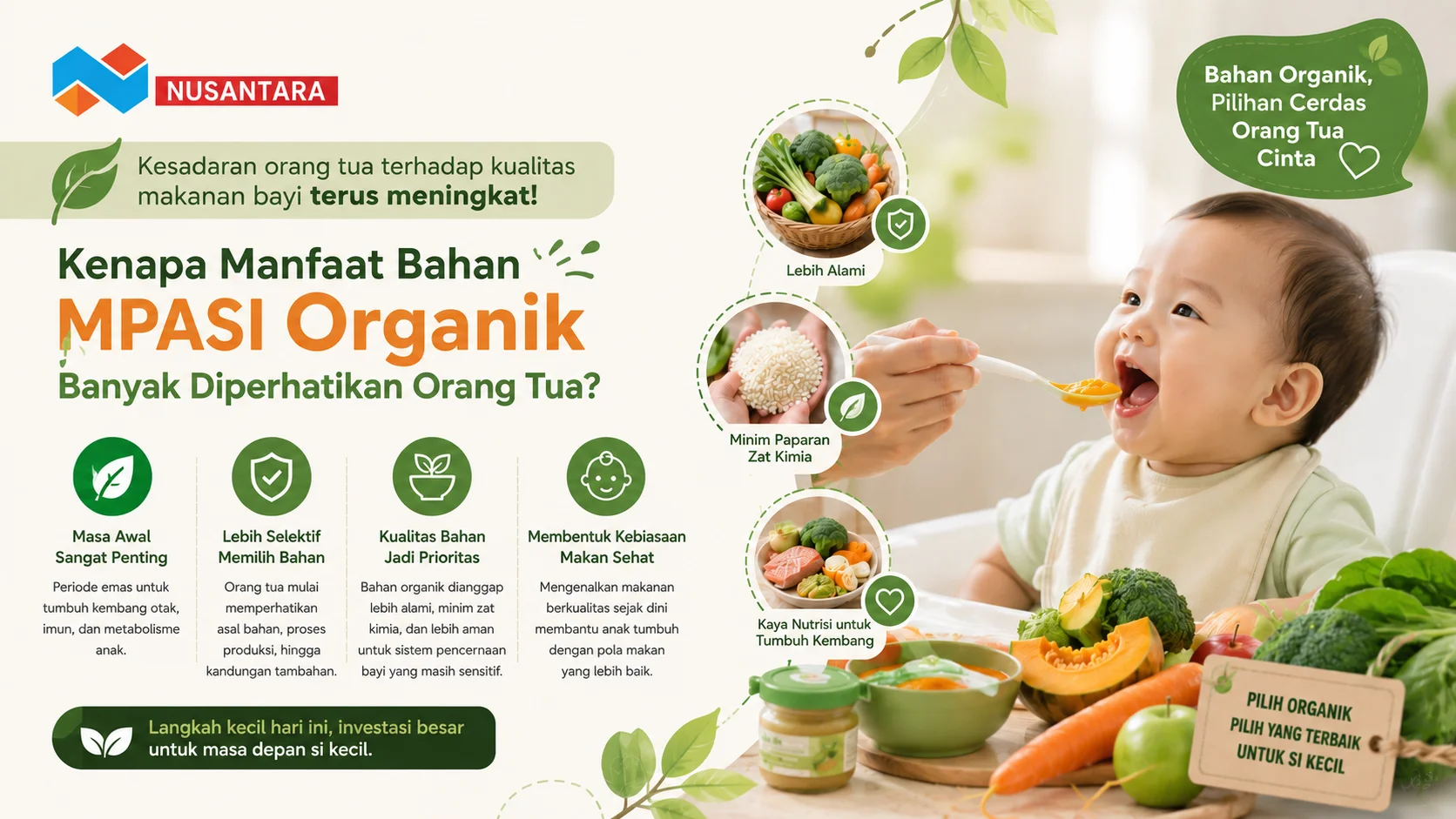 Bayi sedang menikmati MPASI organik didampingi orang tua dengan berbagai bahan makanan segar seperti sayuran dan buah organik yang mendukung tumbuh kembang sehat.