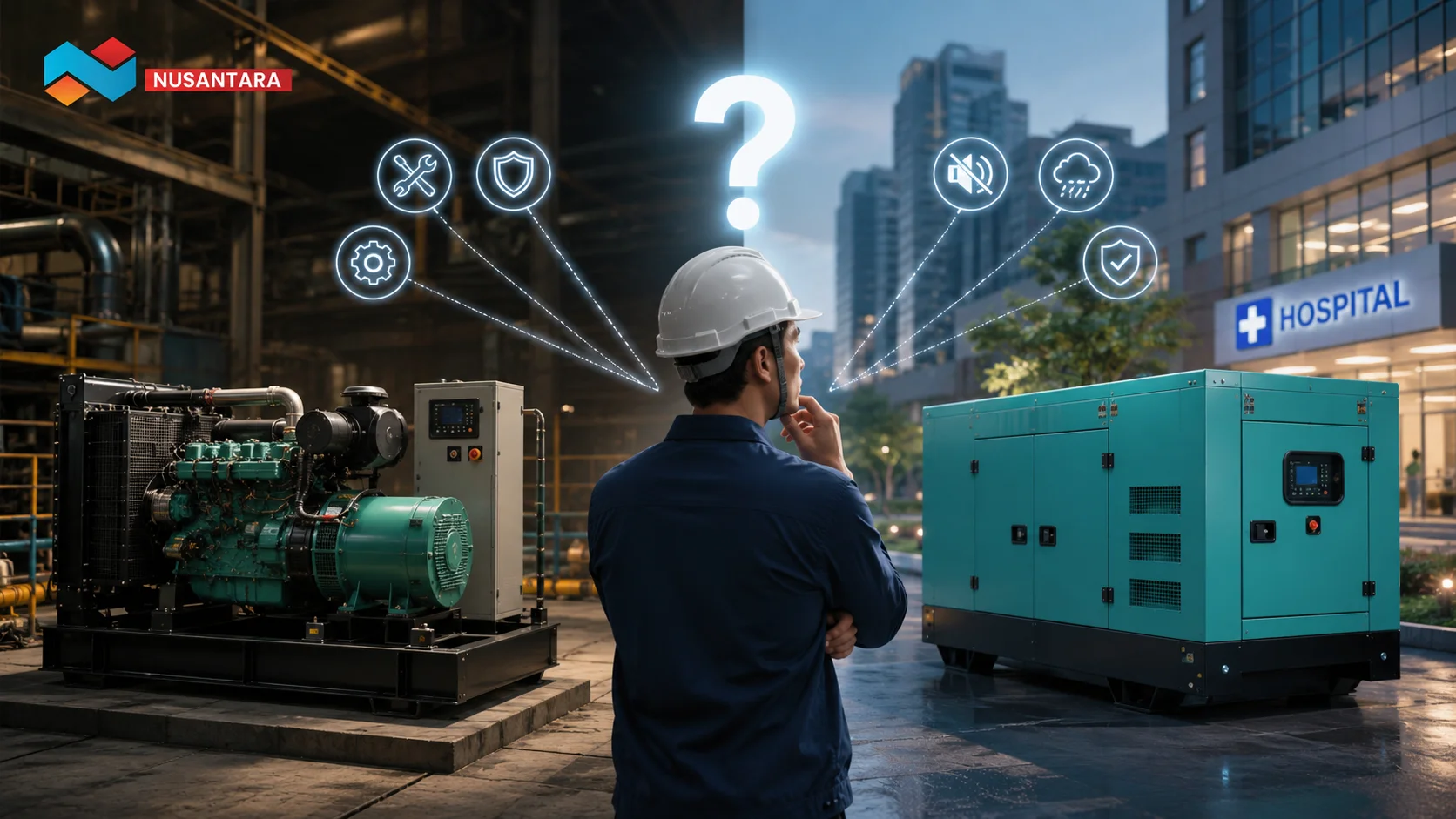 Ilustrasi perbandingan genset open dan genset silent untuk membantu memilih generator set yang sesuai dengan kebutuhan operasional.