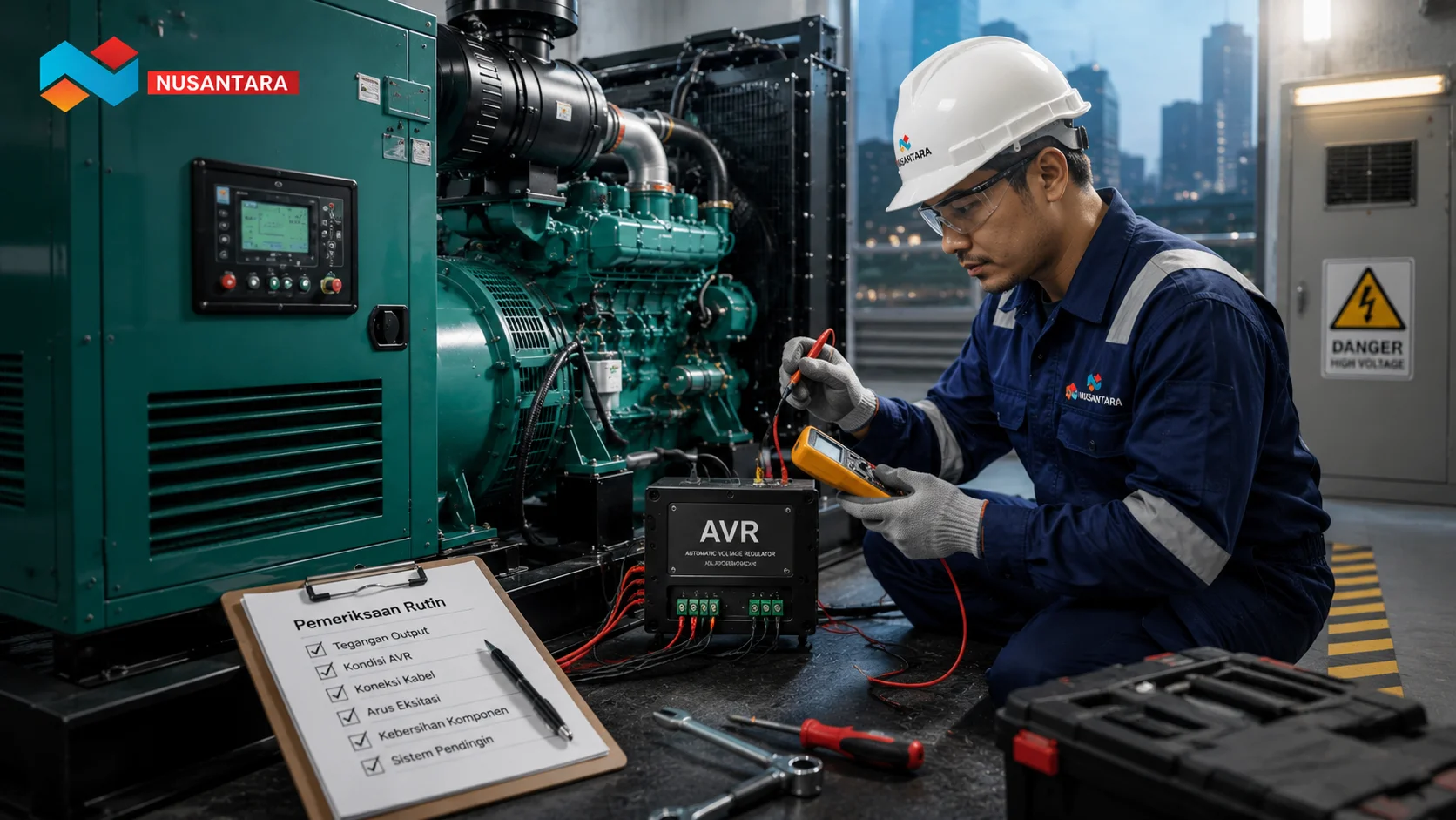 Teknisi melakukan pemeriksaan AVR dan generator set untuk memastikan sistem kelistrikan bekerja stabil dan optimal melalui perawatan rutin.