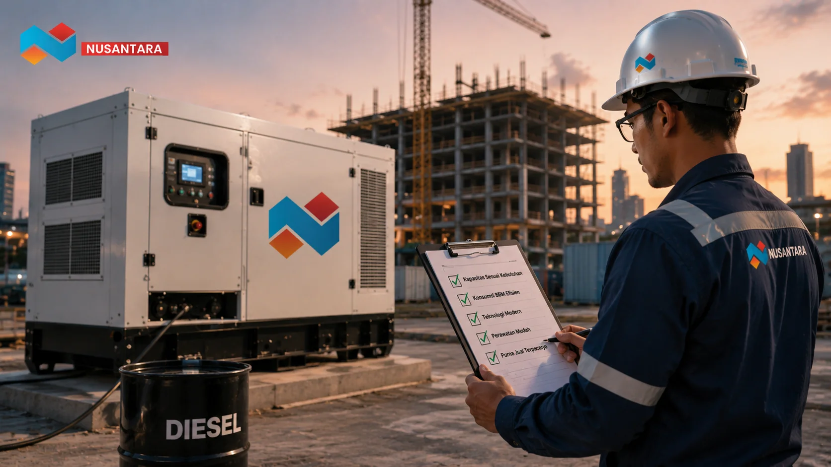 Teknisi mengevaluasi generator set diesel di area proyek untuk memastikan pemilihan unit yang efisien, andal, dan sesuai kebutuhan operasional.