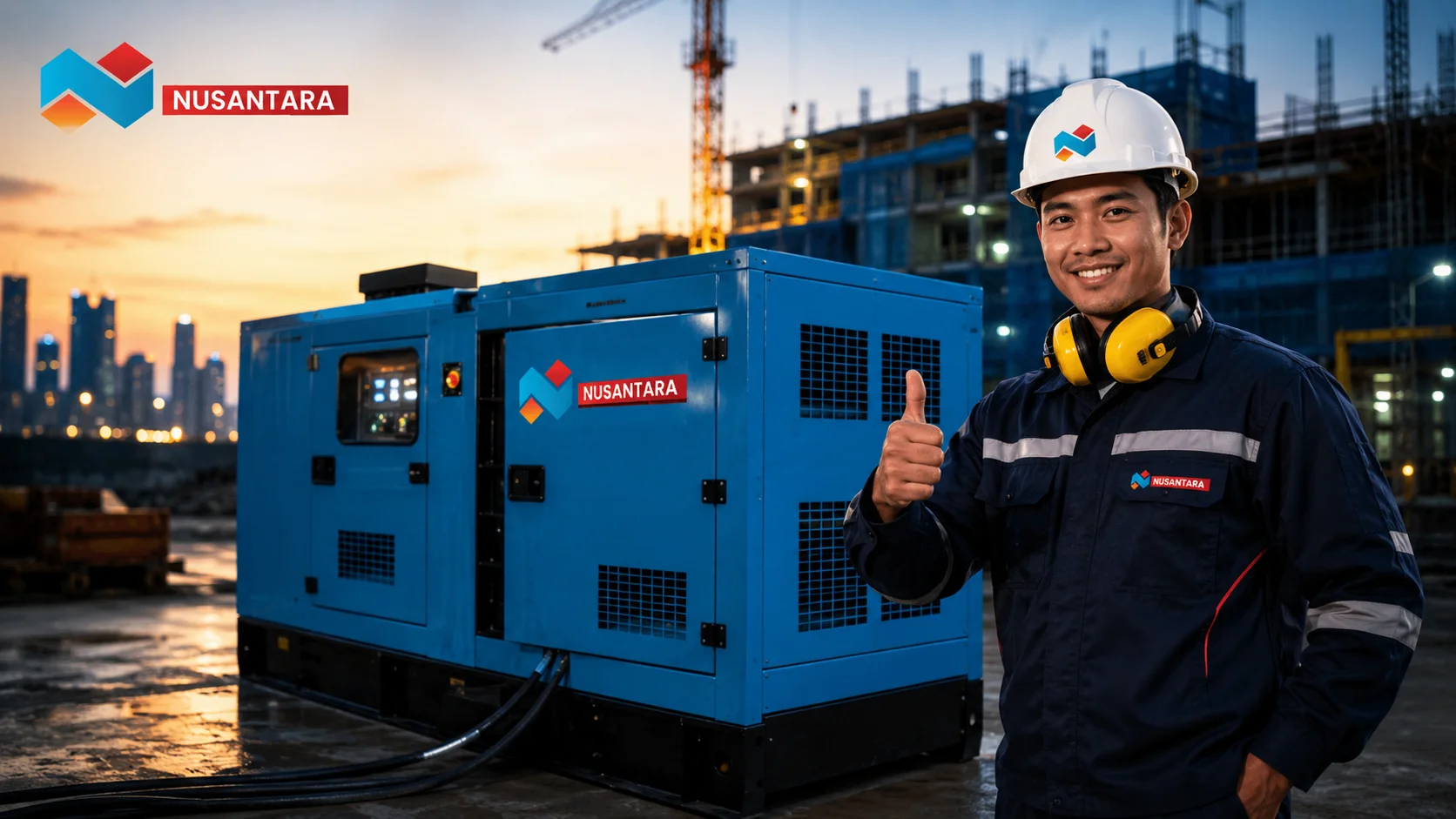 Teknisi profesional memeriksa generator set di area proyek konstruksi sebagai solusi penyedia listrik yang andal untuk mendukung operasional.