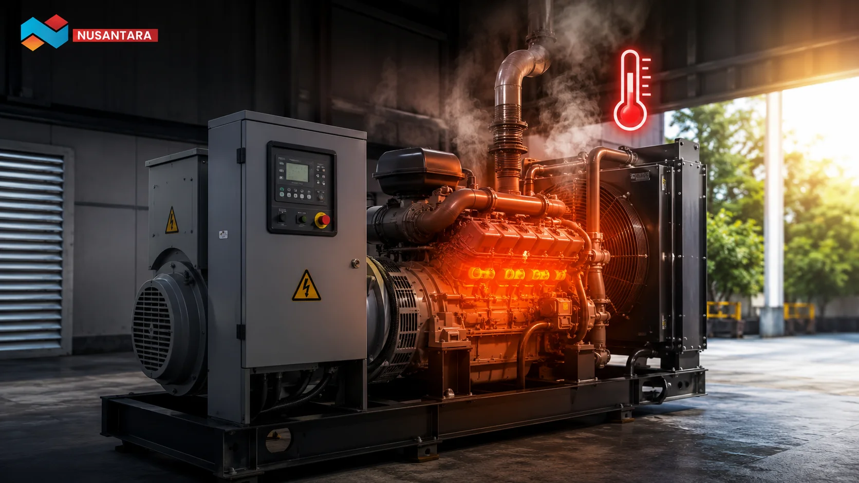 Genset industri dengan suhu mesin tinggi dan uap panas yang terlihat di area radiator, menggambarkan risiko overheat akibat gangguan sistem pendingin.