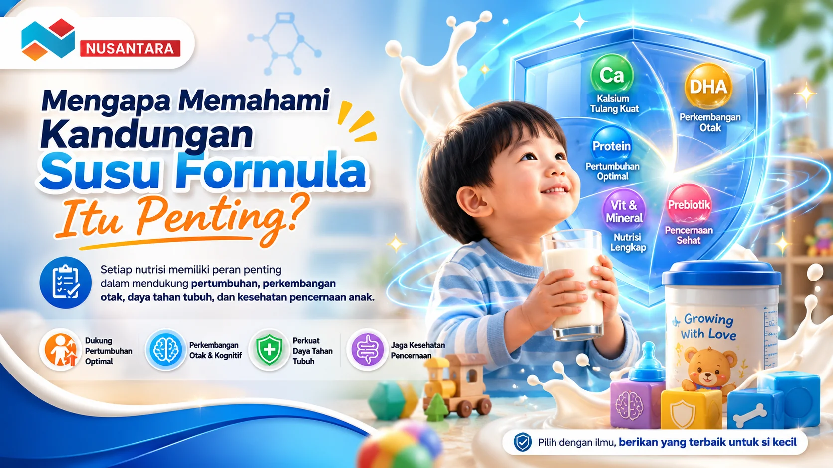 Anak sedang meminum susu formula dengan ilustrasi kandungan nutrisi penting seperti protein, DHA, kalsium, vitamin, dan prebiotik yang mendukung tumbuh kembang optimal.