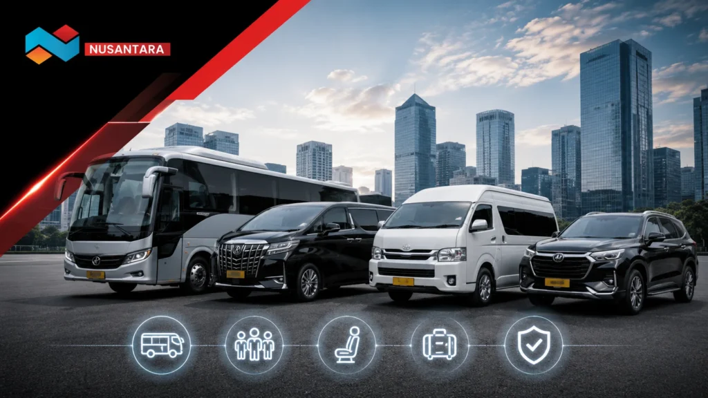 Armada transportasi sewa lengkap seperti bus, van, dan SUV dengan ikon kapasitas, kenyamanan, bagasi, dan keamanan