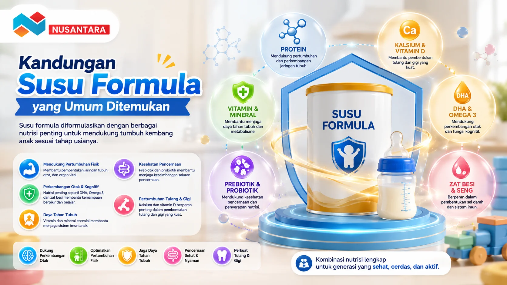 Ilustrasi susu formula dengan ikon protein, kalsium, DHA, vitamin, mineral, serta prebiotik yang menunjukkan kandungan nutrisi penting untuk mendukung tumbuh kembang anak.