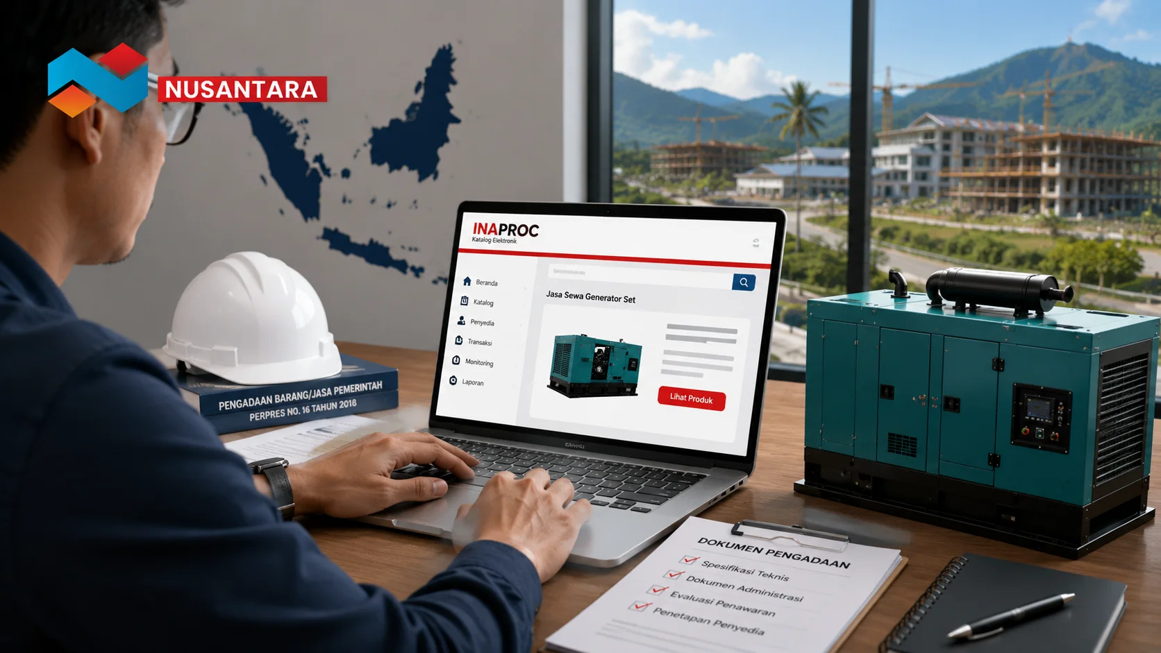 Proses pengadaan jasa sewa generator set melalui INAPROC untuk mendukung kebutuhan listrik proyek pemerintah di Papua Selatan.