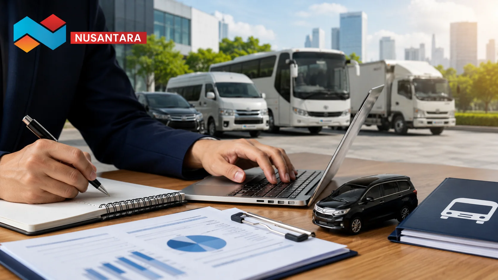 Ilustrasi proses perencanaan pengadaan jasa sewa transportasi dengan dokumen, laptop, dan berbagai armada kendaraan yang mendukung kebutuhan operasional secara terorganisir.