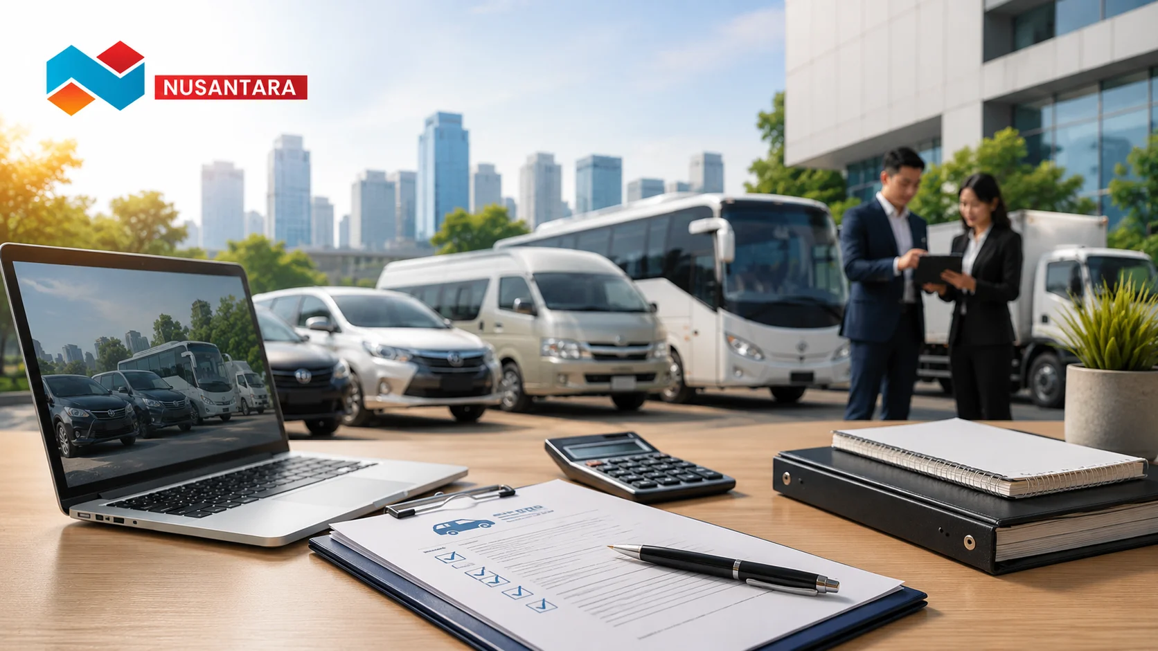 Ilustrasi proses pengadaan jasa sewa transportasi yang menampilkan evaluasi armada, perencanaan anggaran, dan koordinasi dengan penyedia layanan untuk mendukung kebutuhan operasional.