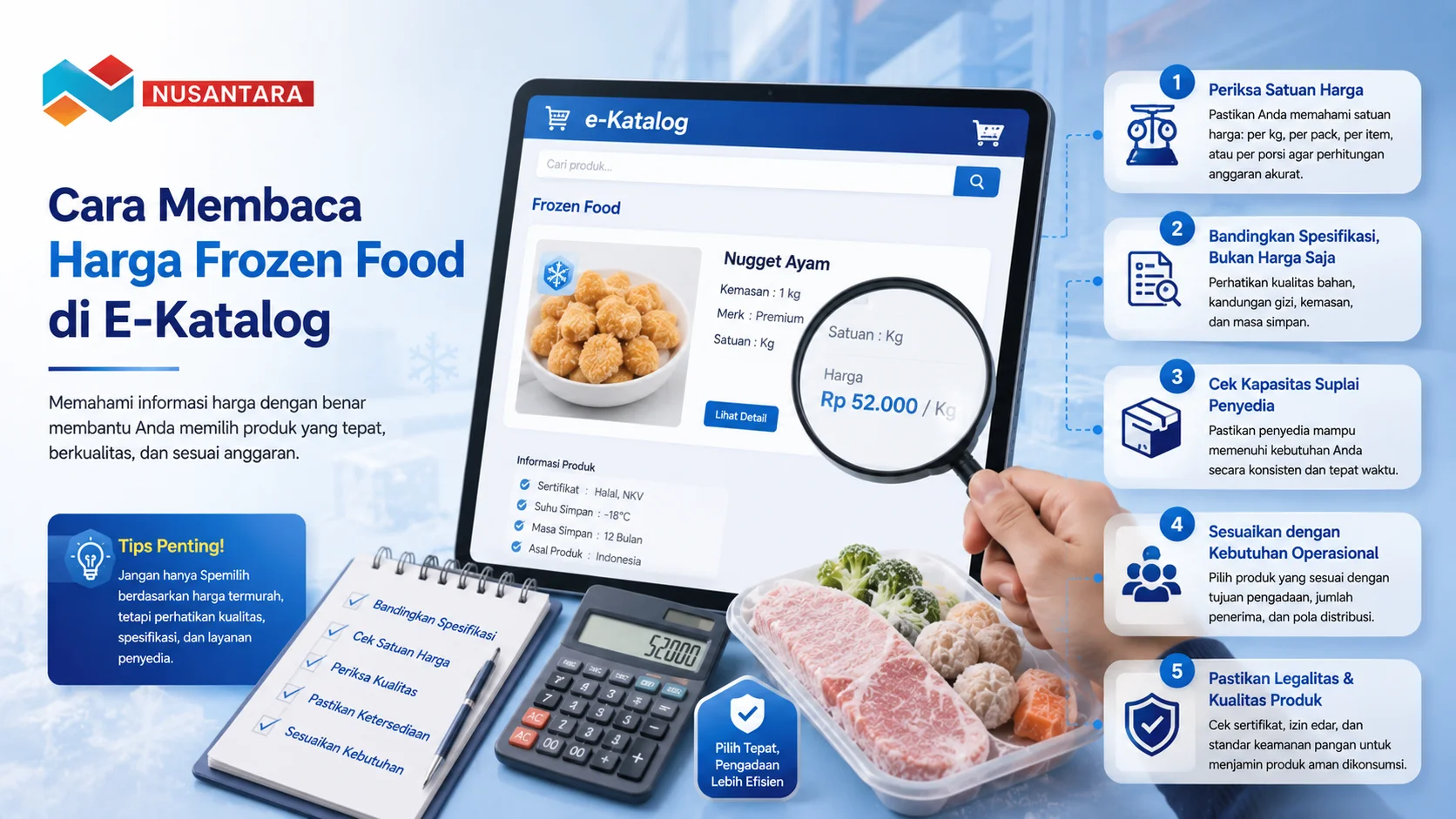 Banner informatif tentang cara membaca harga frozen food di E-Katalog, menampilkan katalog digital, kaca pembesar pada informasi harga produk, kalkulator, checklist evaluasi, dan produk frozen food sebagai ilustrasi proses pengadaan yang tepat.